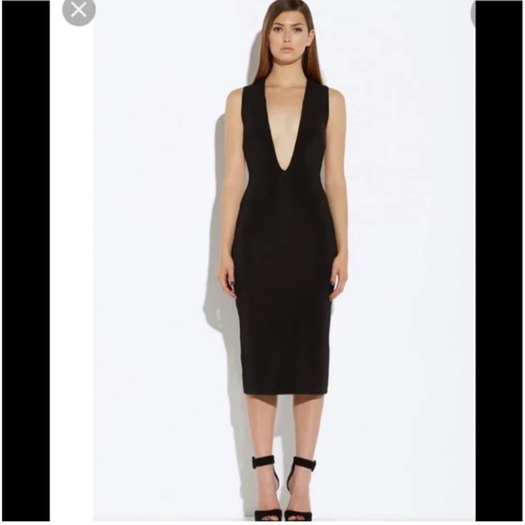 AQ/AQ DEEP PLUNGE LINE STRETCH RIBBED BLACK BODYCON MIDI DRESS US 6 / MED - Picture 2 of 9